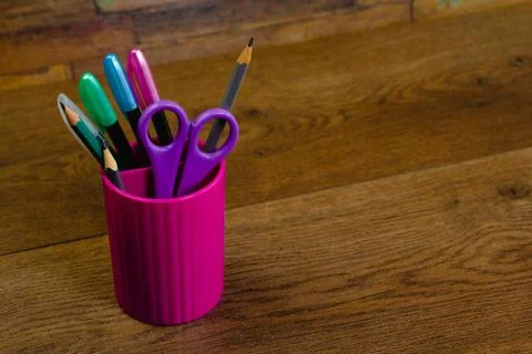 School accessories are on the table. 스톡 사진