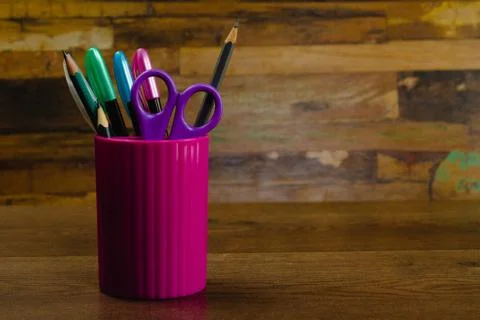 School accessories are on the table. Fotos de archivo