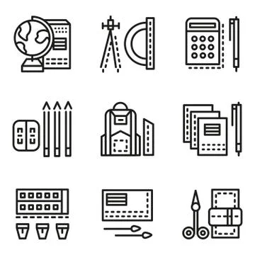 School accessories flat line icons Stock Illustration