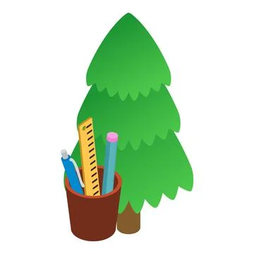 School accessory icon isometric vector. Stationery in pen holder near pine tree Stock Illustration
