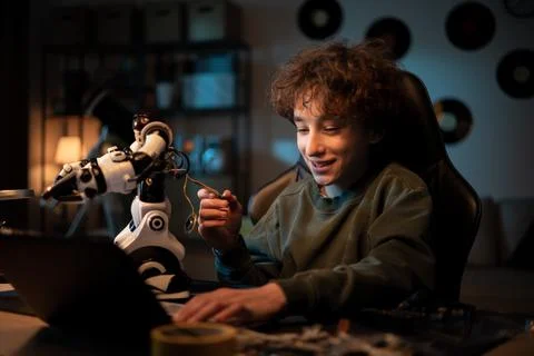 A school-age boy develops a passion for electronics. The child assembles a robot Stock Photos