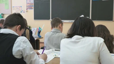 School-age children sit at school desks on lesson Vídeo Stock 72254095