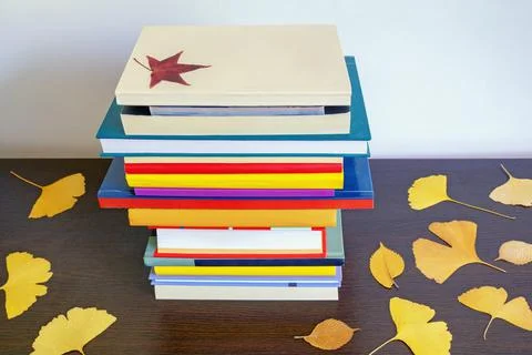 School and autumn concepts. Stack of  different books and autumn leaves Stock Photos
