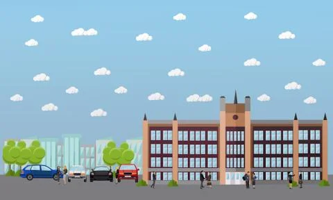 School and college vector banner. Students, teachers walk next to university Stock Illustration