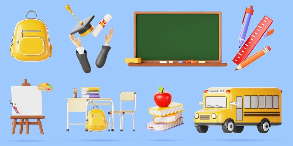 School and education 3d render icon set. Yellow bus, bag, book, board, desk Illustrazione stock