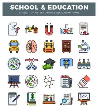 School and education flat icon set with various academic symbols and tools... Stock Illustration