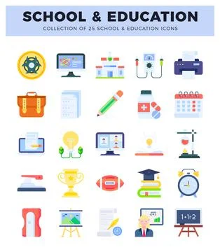 School and education flat icons with a light blue background. 스톡 일러스트