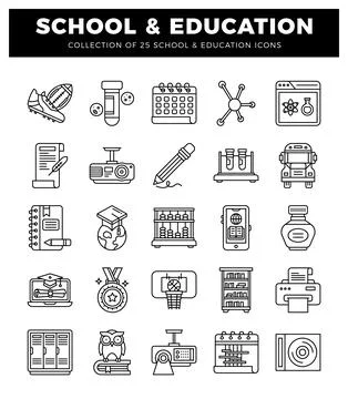 School and education icon set with learning symbols and academic elements. Stock Illustration