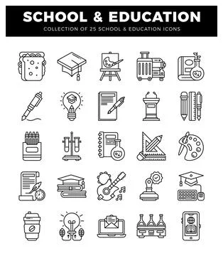 School and Education icon set with diverse learning symbols on white backgrou Stock Illustration