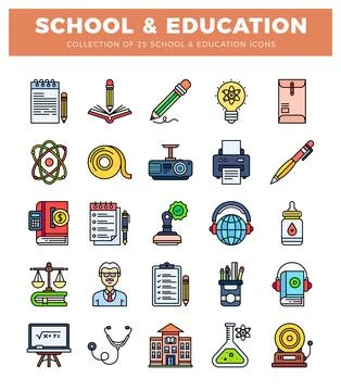 School and education icon set with science and learning symbols. Stock Illustration