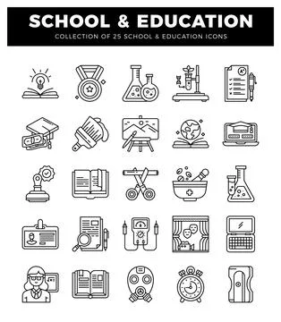 School and education icons. black and white line art. clean vector set. Stock Illustration