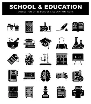 School and education icons for learning and research projects. Diverse coll.. Illustrazione stock