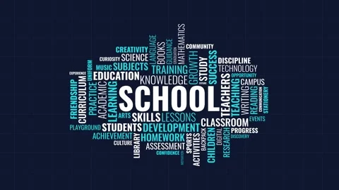 School and Education Word Cloud Concept on Dark Blue Grid Background Stock Footage 341683497
