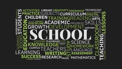 School and Education Word Cloud Typography Graphic on Dark Background Stock Illustration