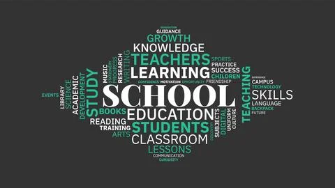School and Education Word Cloud Typography Concept Graphic on Dark Background Stock Illustration