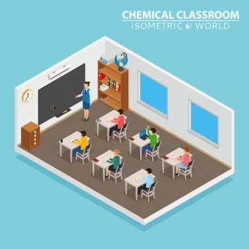 School and learning isometric concept with teacher and children on blue Stock Illustration