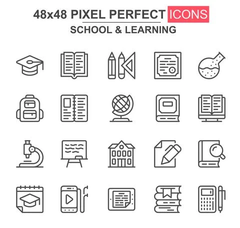 School and learning thin line icons. Graduation hat, stationery, textbook, mi Illustrazione stock