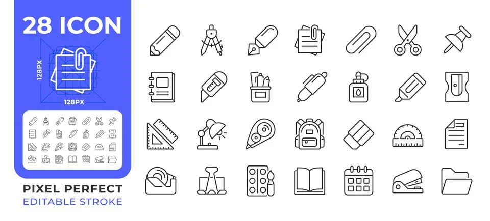 School and office essentials pixel perfect line icons set Stock Illustration
