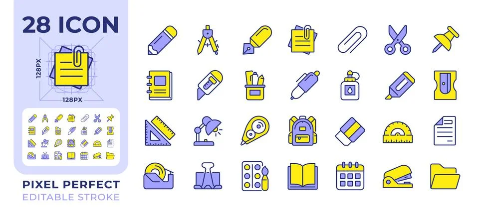 School and office essentials pixel perfect line color icons set Stock Illustration