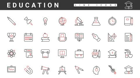 School and university study, education and science thin red and black line icons Illustrazione stock