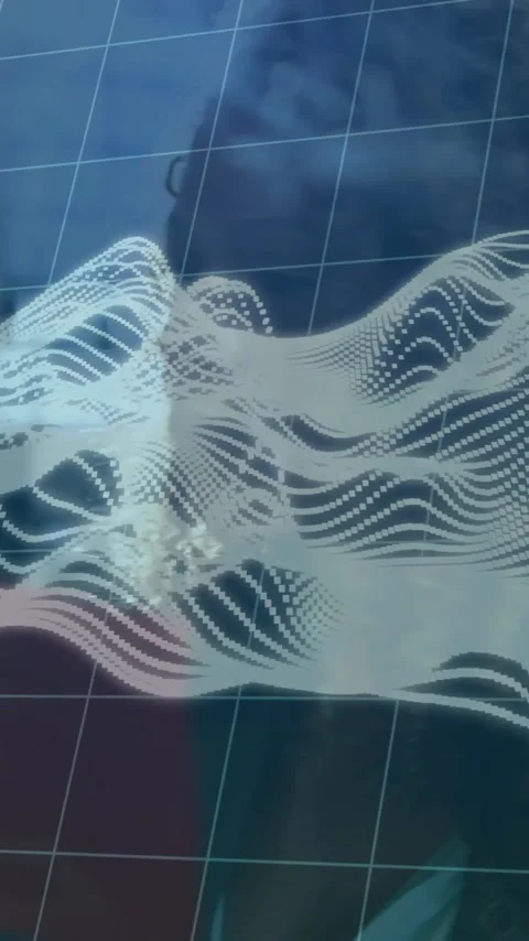 In school, animation of abstract wave patterns and grid overlaying person Stock Footage 319617686