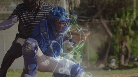 In school, animation of baseball catcher in blue gear with dynamic light trails Stock Footage 305827751
