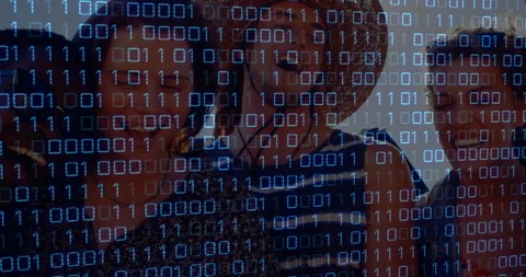 In school, animation of binary code overlaying silhouette of person at computer Video stock 306215276