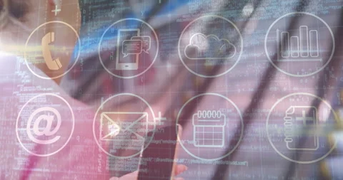 In school, animation of digital communication icons overlaying coding and data Stock Footage 304015692