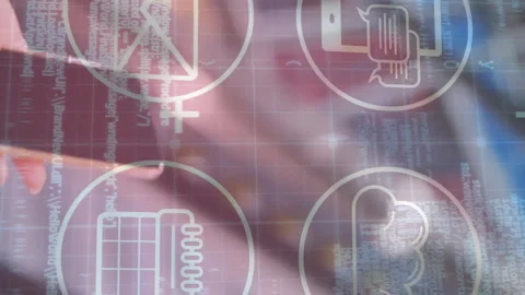 In school, animation of digital communication icons overlaying coding and data Stock Footage 313396166