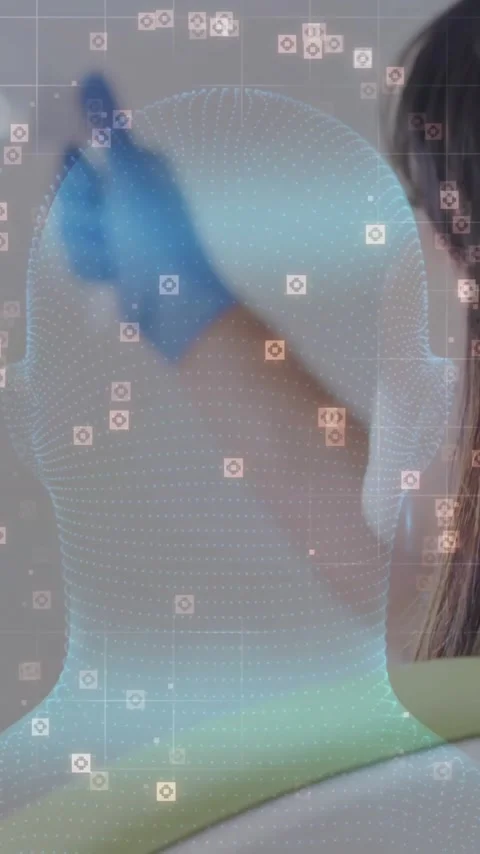 In school, animation of digital head model with data points in dental chair Stock Footage 319811324