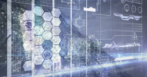 In school, animation of futuristic digital interface with hexagons and graphs 動画素材 304764056