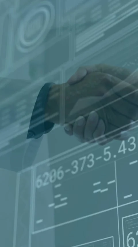 In school, animation of handshake over digital interface with data and graphs Stock Footage 319728259