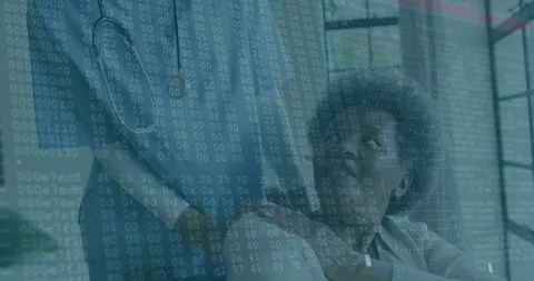 In school, animation overlaying binary code on people working in modern office Stock Footage 330337302