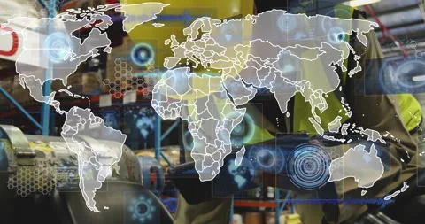 In school, animation overlaying world map with digital data and technology Stock Footage 304161024