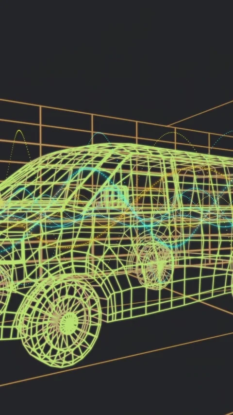 In school, animation of wireframe car model with dynamic data visualization Stock Footage 344370491