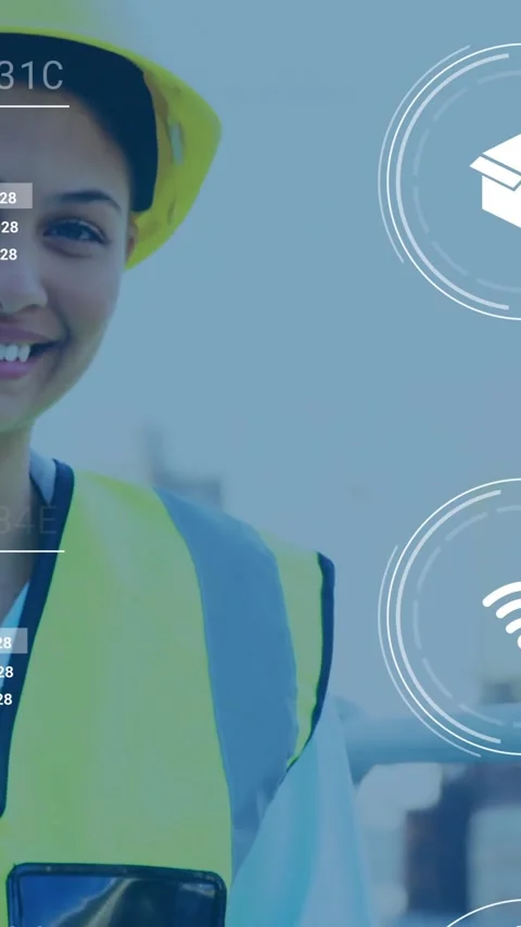 In school, animation of worker wearing safety gear with digital order tracking Stock Footage 319618094
