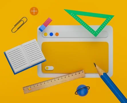School attributes and school accessories on yellow background. 3d rendering. Stock Illustration