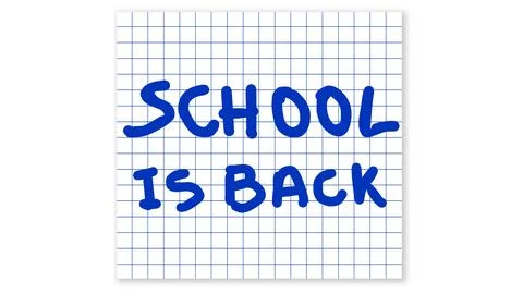 School is back message handwritten in blue on a piece of squared paper Stock Illustration