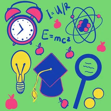 School, back to school, backpack, ruler, protractor, notebook, book, teaching, p Stock Illustration