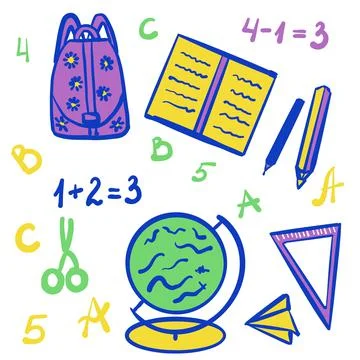 School, back to school, backpack, ruler, protractor, notebook, book, teaching, p Stock Illustration