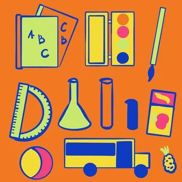 School, back to school, backpack, ruler, protractor, notebook, book, teaching, p Stock Illustration