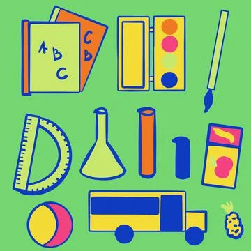 School, back to school, backpack, ruler, protractor, notebook, book, teaching, p Stock Illustration