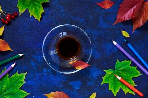 School background from a Cup of coffee, fallen leaves and colored pencils on  Stock Photos