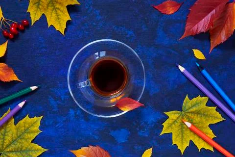 School background from a Cup of coffee, fallen leaves and colored pencils on  Stock Photos