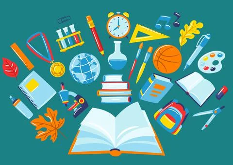 School background with education items. Illustration of supplies and stationery. Stock Illustration