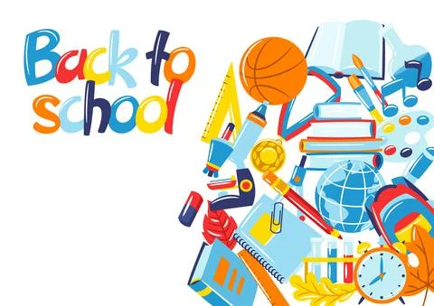 School background with education items. Illustration of supplies and stationery. Stock Illustration