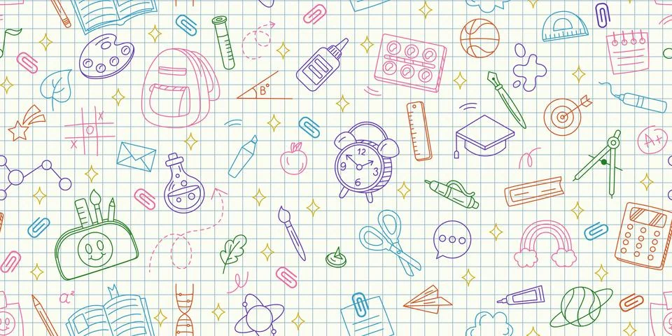 School background. Education seamless pattern. Color line icons. Stationery.. 스톡 일러스트