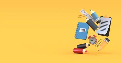 School background with stationery 3d render Stock Illustration