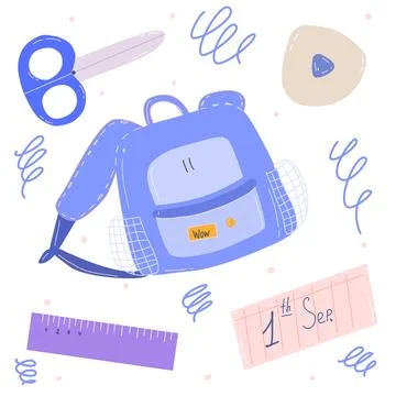 School backpack and learnings suplies, knapsack and stationery flat illustration 스톡 일러스트