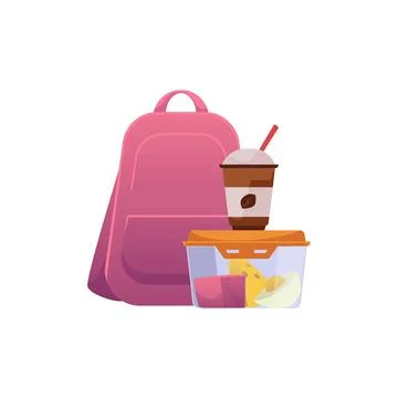 School backpack and lunch box with mug of coffee, flat vector illustration Stock Illustration